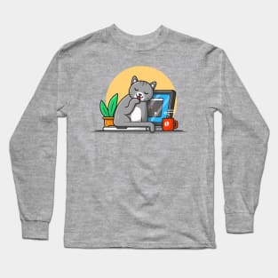 Cute Cat With Laptop Cartoon Vector Icon Illustration. Animal Technology Icon Concept Isolated Premium Vector Long Sleeve T-Shirt